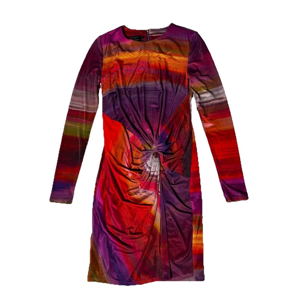 Ted Baker Sora Purple Haze Strech Dress Sz 4 Designer Artsy Colorful